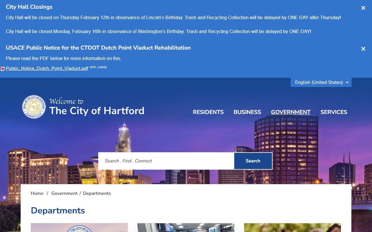 Hartford phone directory departments listing page