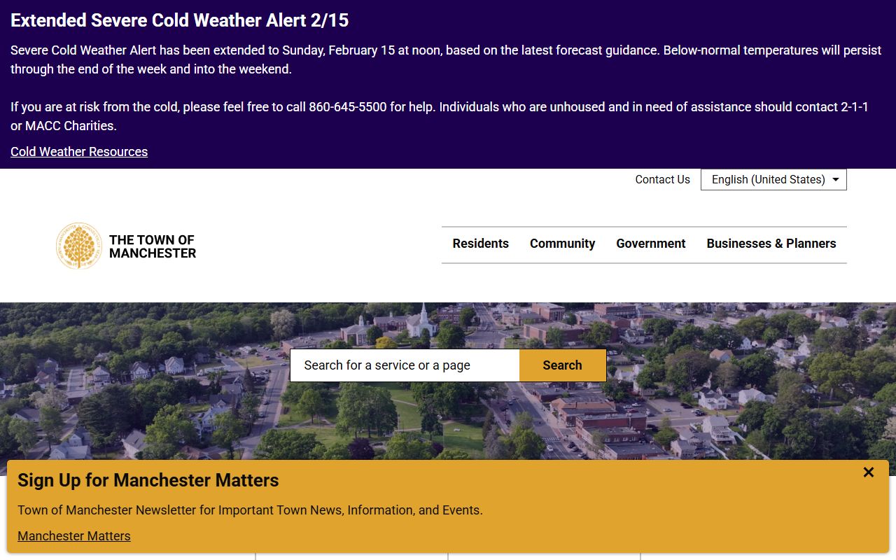 Manchester phone directory town homepage showing department contacts