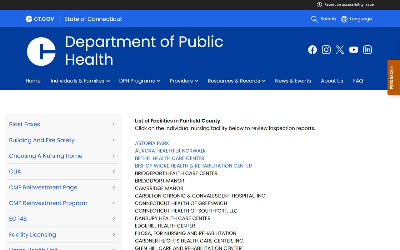 Fairfield County facilities phone directory listing from state portal