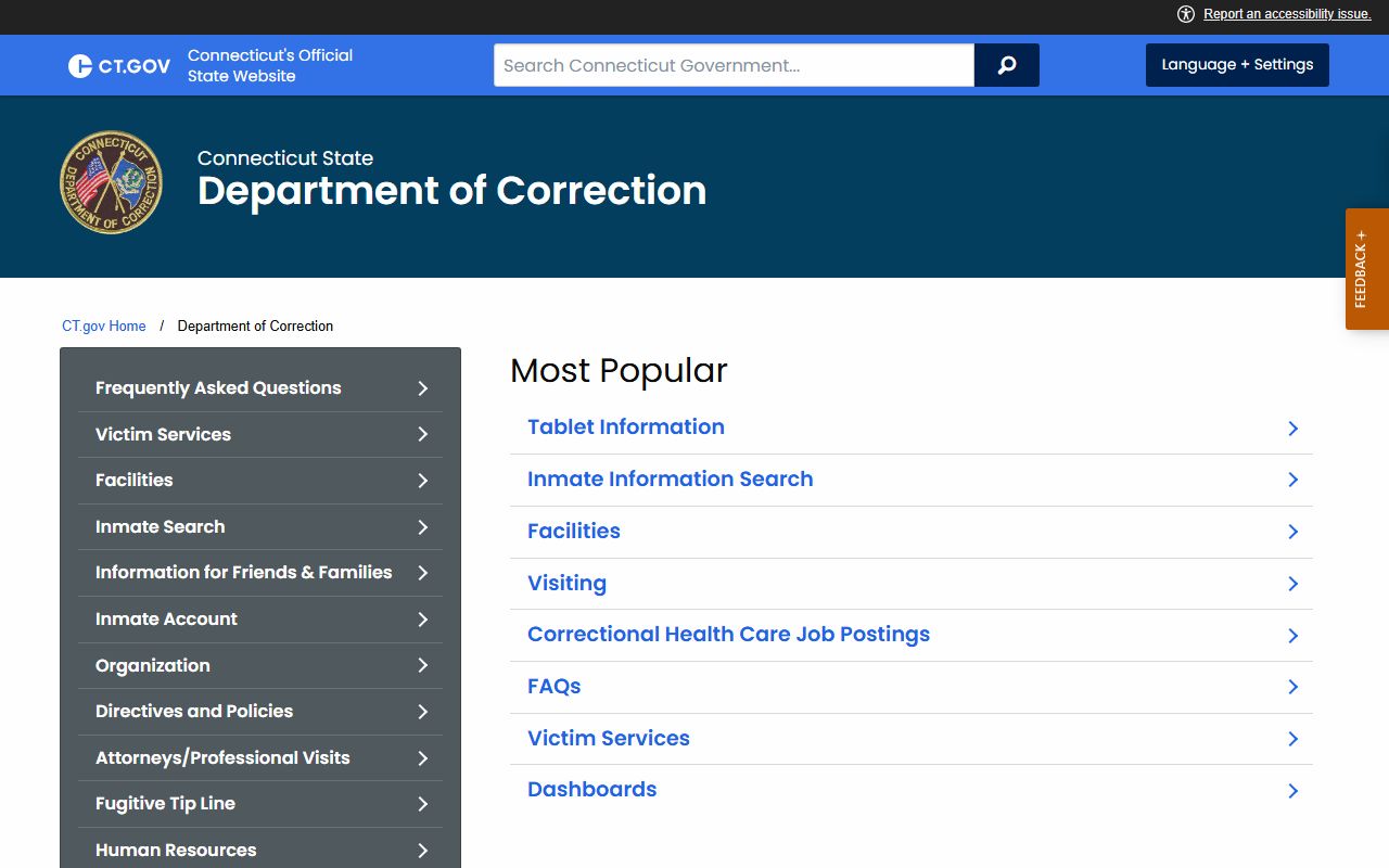 Connecticut phone directory Department of Correction page