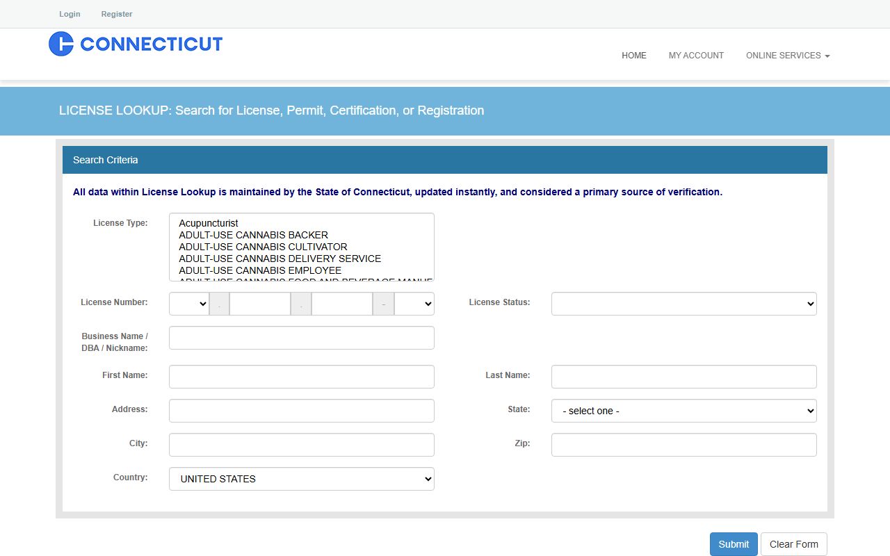 Connecticut phone directory eLicense lookup portal