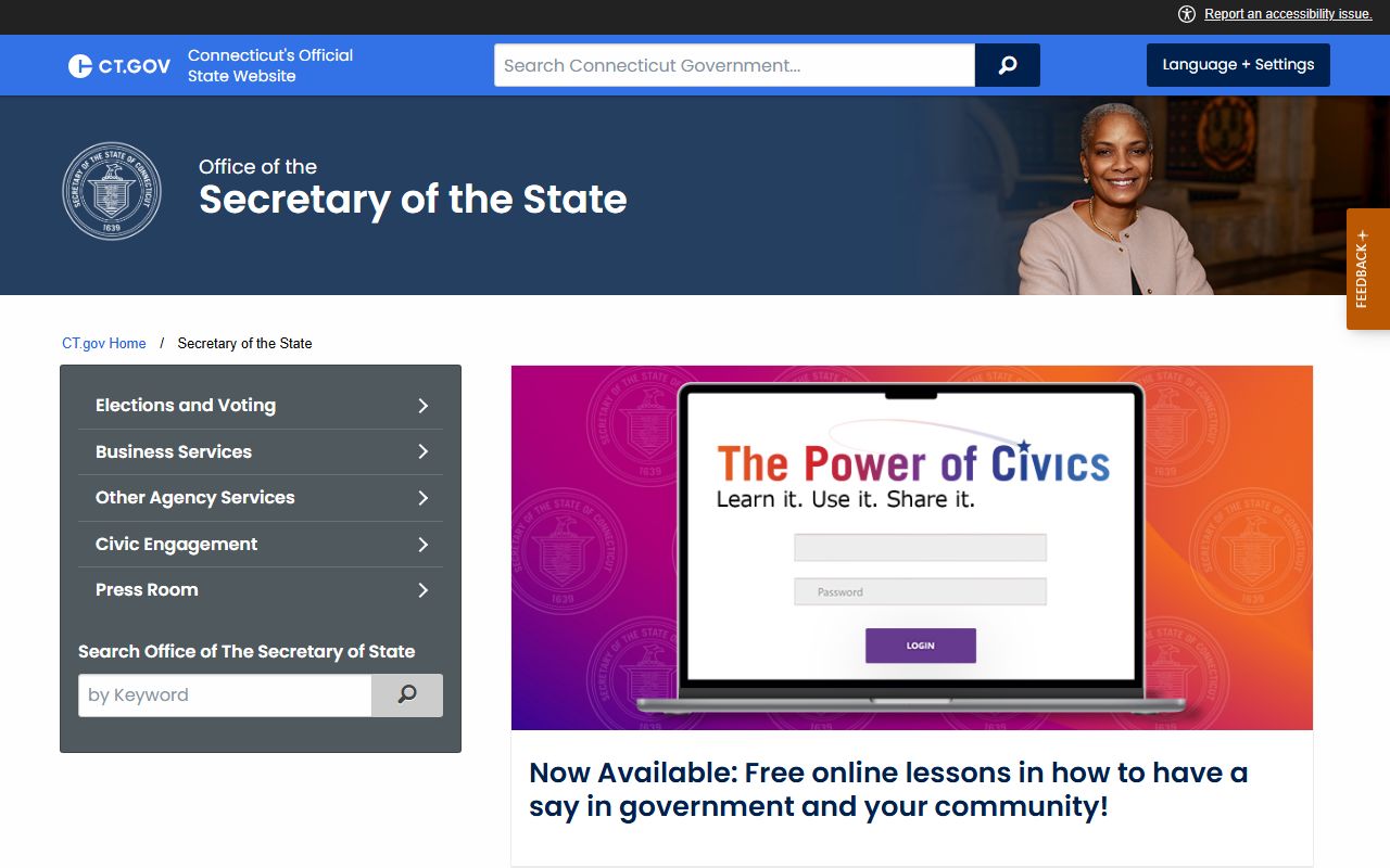 Connecticut phone directory Secretary of State office page